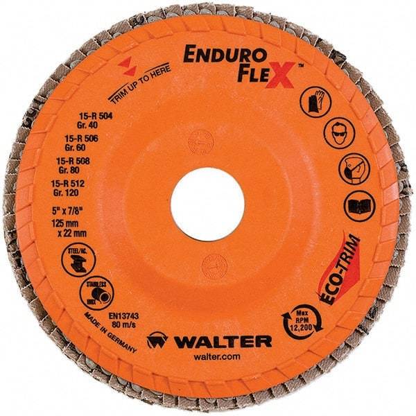 WALTER Surface Technologies - 40 Grit, 5" Disc Diam, 7/8" Center Hole, Type 28 Ceramic Flap Disc - 12,200 Max RPM, Plastic Backing, Arbor Attaching System, Coated - Caliber Tooling