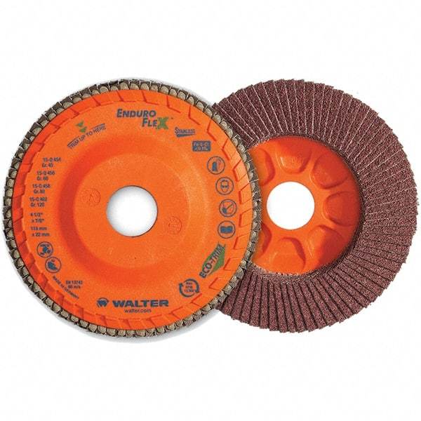 WALTER Surface Technologies - 60 Grit, 5" Disc Diam, 7/8" Center Hole, Type 28 Ceramic Flap Disc - 12,200 Max RPM, Plastic Backing, Arbor Attaching System, Coated - Caliber Tooling