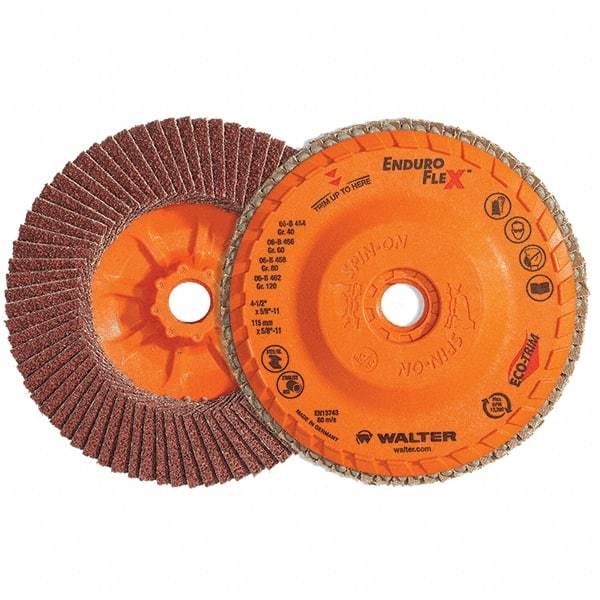 WALTER Surface Technologies - 60 Grit, 6" Disc Diam, 5/8-11 Center Hole, Type 28 Ceramic Flap Disc - 10,200 Max RPM, Plastic Backing, Arbor Attaching System, Coated - Caliber Tooling