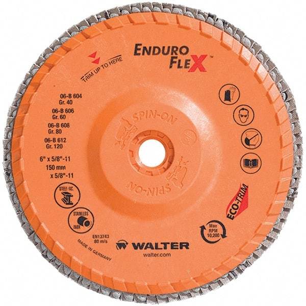 WALTER Surface Technologies - 40 Grit, 6" Disc Diam, 5/8-11 Center Hole, Type 28 Ceramic Flap Disc - 10,200 Max RPM, Plastic Backing, Arbor Attaching System, Coated - Caliber Tooling