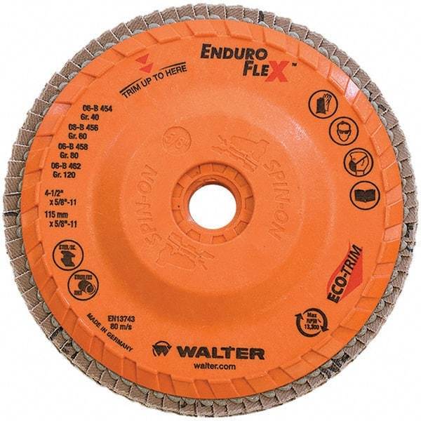 WALTER Surface Technologies - 80 Grit, 4-1/2" Disc Diam, 5/8-11 Center Hole, Type 28 Ceramic Flap Disc - 13,300 Max RPM, Plastic Backing, Arbor Attaching System, Coated - Caliber Tooling