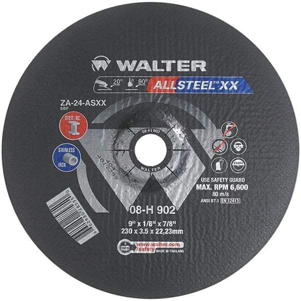 WALTER Surface Technologies - 24 Grit, 9" Wheel Diam, 1/8" Wheel Thickness, 7/8" Arbor Hole, Type 27 Depressed Center Wheel - Aluminum Oxide, Resinoid Bond, 6,600 Max RPM - Caliber Tooling