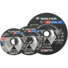 WALTER Surface Technologies - 24 Grit, 7" Wheel Diam, 1/4" Wheel Thickness, Type 27 Depressed Center Wheel - Aluminum Oxide, Resinoid Bond, 8,600 Max RPM - Caliber Tooling