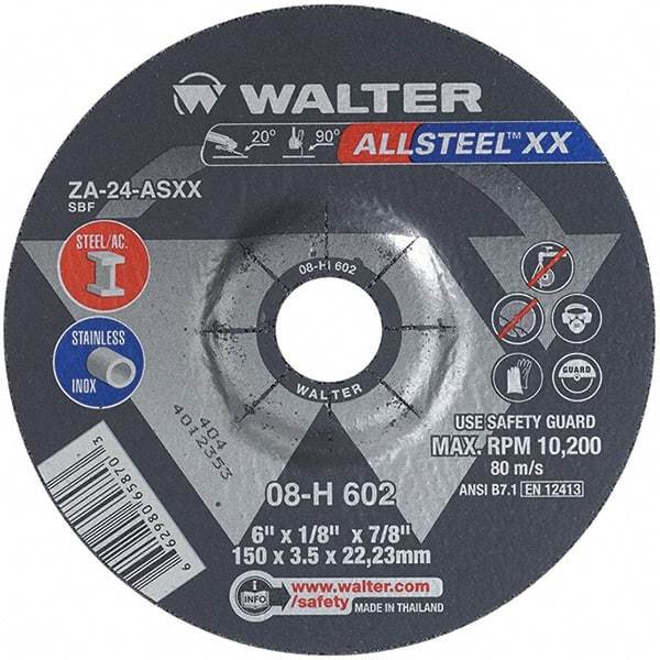 WALTER Surface Technologies - 24 Grit, 6" Wheel Diam, 1/8" Wheel Thickness, 7/8" Arbor Hole, Type 27 Depressed Center Wheel - Aluminum Oxide, Resinoid Bond, 10,200 Max RPM - Caliber Tooling