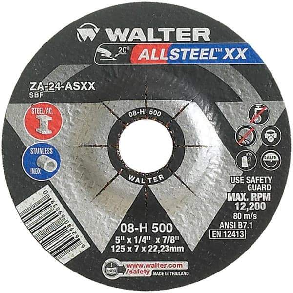 WALTER Surface Technologies - 24 Grit, 5" Wheel Diam, 1/4" Wheel Thickness, 7/8" Arbor Hole, Type 27 Depressed Center Wheel - Aluminum Oxide, Resinoid Bond, 12,200 Max RPM - Caliber Tooling