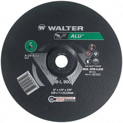 WALTER Surface Technologies - 24 Grit, 9" Wheel Diam, 1/4" Wheel Thickness, 7/8" Arbor Hole, Type 27 Depressed Center Wheel - Aluminum Oxide, Resinoid Bond, 6,600 Max RPM - Caliber Tooling