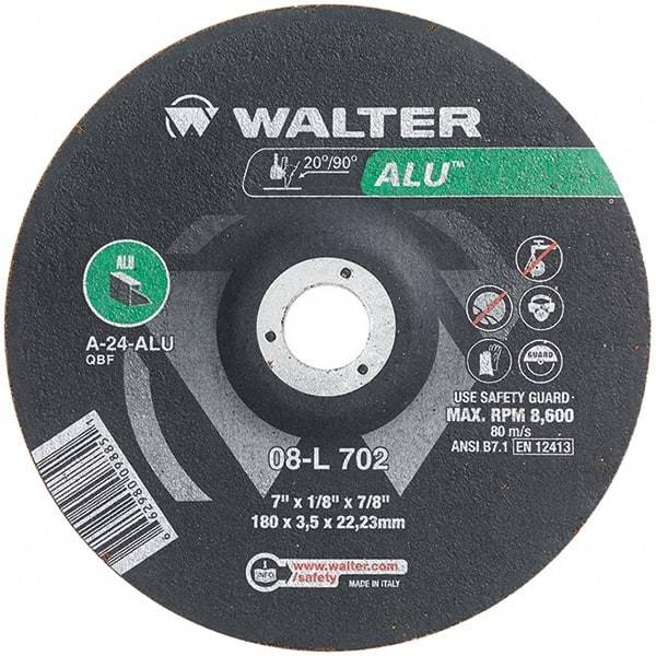 WALTER Surface Technologies - 24 Grit, 7" Wheel Diam, 1/8" Wheel Thickness, 7/8" Arbor Hole, Type 27 Depressed Center Wheel - Aluminum Oxide, Resinoid Bond, 8,600 Max RPM - Caliber Tooling