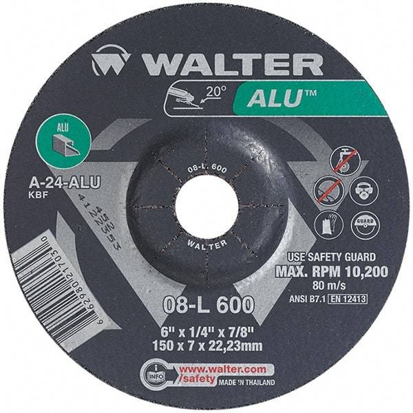 WALTER Surface Technologies - 24 Grit, 6" Wheel Diam, 1/4" Wheel Thickness, 7/8" Arbor Hole, Type 27 Depressed Center Wheel - Aluminum Oxide, Resinoid Bond, 10,200 Max RPM - Caliber Tooling