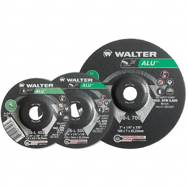 WALTER Surface Technologies - 24 Grit, 4-1/2" Wheel Diam, 1/4" Wheel Thickness, Type 27 Depressed Center Wheel - Aluminum Oxide, Resinoid Bond, 13,300 Max RPM - Caliber Tooling