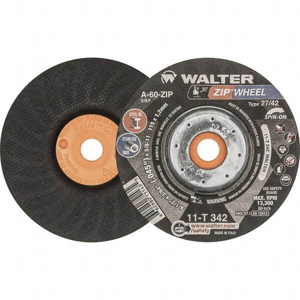 WALTER Surface Technologies - 60 Grit, 4-1/2" Wheel Diam, 3/64" Wheel Thickness, Type 27 Depressed Center Wheel - Resinoid Bond, 13,300 Max RPM - Caliber Tooling