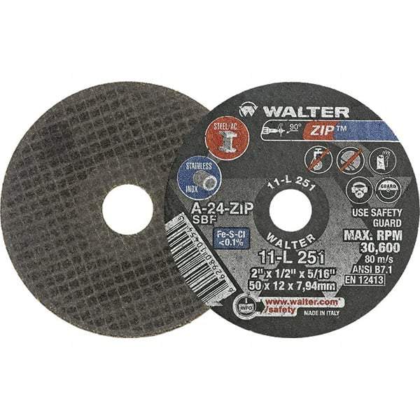 WALTER Surface Technologies - 2" 24 Grit Aluminum Oxide Cutoff Wheel - 1/2" Thick, 5/16" Arbor, 31,000 Max RPM, Use with Die Grinders - Caliber Tooling