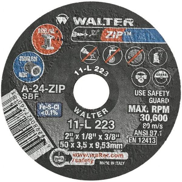 WALTER Surface Technologies - 2" 24 Grit Aluminum Oxide Cutoff Wheel - 1/8" Thick, 3/8" Arbor, 31,000 Max RPM, Use with Die Grinders - Caliber Tooling