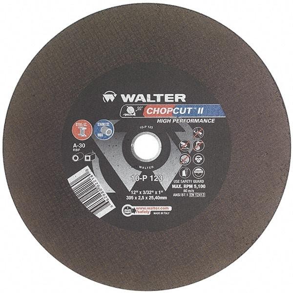 WALTER Surface Technologies - 12" 30 Grit Aluminum Oxide Cutoff Wheel - 3/32" Thick, 1" Arbor, 5,100 Max RPM, Use with Chop Saws - Caliber Tooling