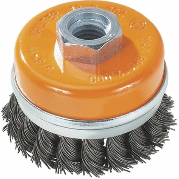 WALTER Surface Technologies - 3" Diam, M14x2.00 Threaded Arbor, Steel Fill Cup Brush - 0.02 Wire Diam, 12,000 Max RPM - Caliber Tooling