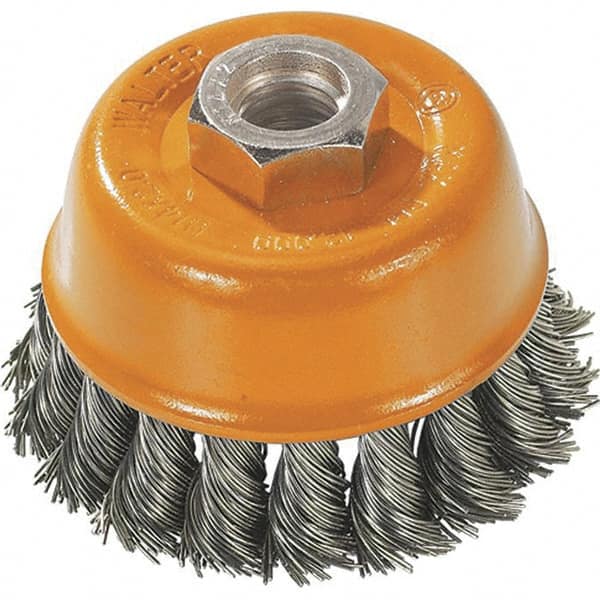 WALTER Surface Technologies - 3" Diam, 1/2-13 Threaded Arbor, Steel Fill Cup Brush - 0.015 Wire Diam, 12,000 Max RPM - Caliber Tooling
