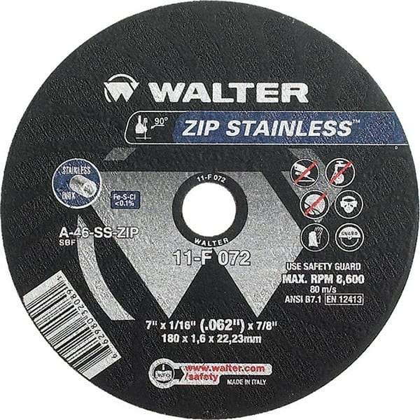 WALTER Surface Technologies - 7" 46 Grit Aluminum Oxide/Silicon Carbide Blend Cutoff Wheel - 1/16" Thick, 7/8" Arbor, 8,600 Max RPM, Use with Angle Grinders - Caliber Tooling