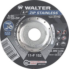 WALTER Surface Technologies - 60 Grit, 5" Wheel Diam, 3/64" Wheel Thickness, 7/8" Arbor Hole, Type 27 Depressed Center Wheel - Aluminum Oxide/Silicon Carbide Blend, Resinoid Bond, 12,200 Max RPM - Caliber Tooling