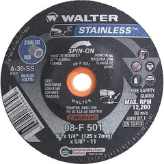 WALTER Surface Technologies - 30 Grit, 5" Wheel Diam, 1/4" Wheel Thickness, Type 28 Depressed Center Wheel - Aluminum Oxide, Resinoid Bond, 12,200 Max RPM - Caliber Tooling