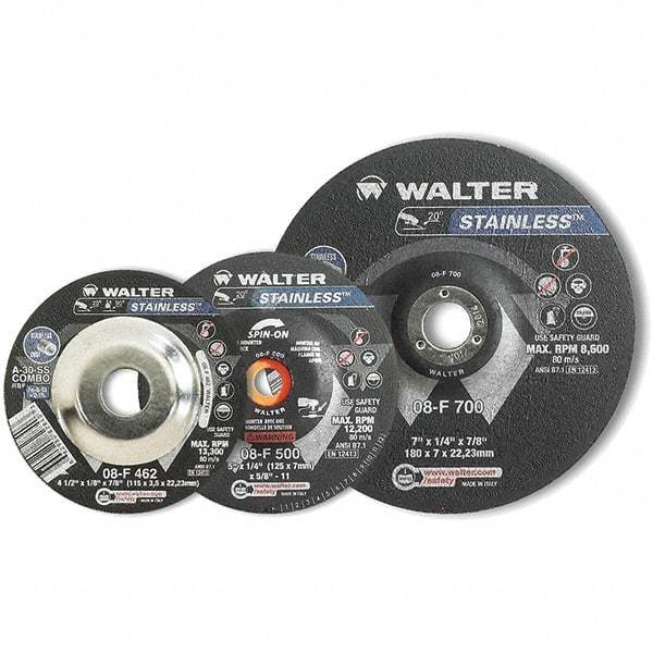 WALTER Surface Technologies - 30 Grit, 7" Wheel Diam, 1/8" Wheel Thickness, Type 27 Depressed Center Wheel - Aluminum Oxide, Resinoid Bond, 8,600 Max RPM - Caliber Tooling