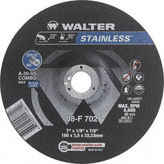 WALTER Surface Technologies - 30 Grit, 7" Wheel Diam, 1/8" Wheel Thickness, 7/8" Arbor Hole, Type 27 Depressed Center Wheel - Aluminum Oxide, Resinoid Bond, 8,600 Max RPM - Caliber Tooling