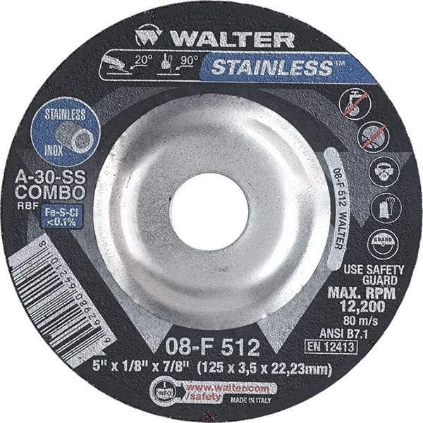 WALTER Surface Technologies - 30 Grit, 5" Wheel Diam, 1/8" Wheel Thickness, 7/8" Arbor Hole, Type 27 Depressed Center Wheel - Aluminum Oxide, Resinoid Bond, 12,200 Max RPM - Caliber Tooling