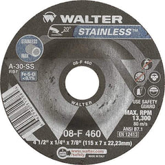 WALTER Surface Technologies - 30 Grit, 4-1/2" Wheel Diam, 1/4" Wheel Thickness, 7/8" Arbor Hole, Type 27 Depressed Center Wheel - Aluminum Oxide, Resinoid Bond, 13,300 Max RPM - Caliber Tooling