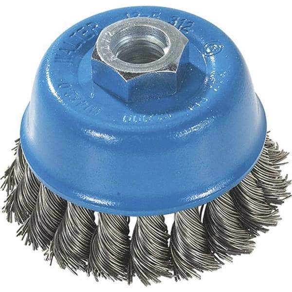 WALTER Surface Technologies - 3" Diam, M14x2.00 Threaded Arbor, Stainless Steel Fill Cup Brush - 0.015 Wire Diam, 12,000 Max RPM - Caliber Tooling