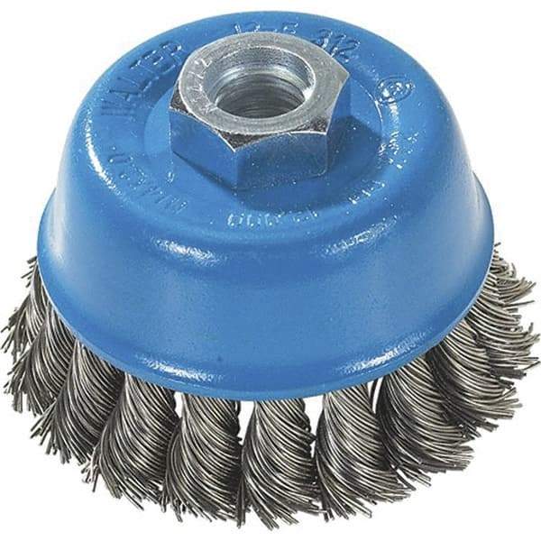 WALTER Surface Technologies - 3" Diam, M10x1.25 Threaded Arbor, Stainless Steel Fill Cup Brush - 0.015 Wire Diam, 12,000 Max RPM - Caliber Tooling