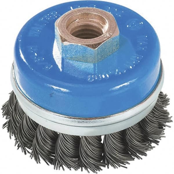 WALTER Surface Technologies - 3" Diam, M14x2.00 Threaded Arbor, Stainless Steel Fill Cup Brush - 0.02 Wire Diam, 12,000 Max RPM - Caliber Tooling