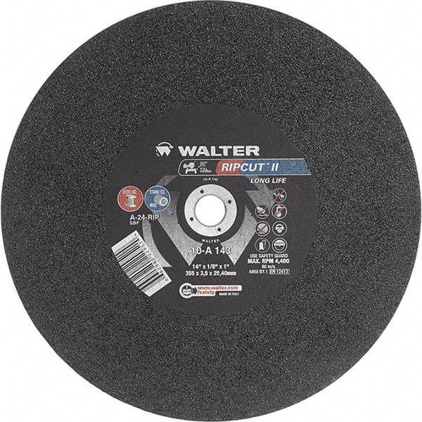 WALTER Surface Technologies - 14" 24 Grit Aluminum Oxide Cutoff Wheel - 1/8" Thick, 1" Arbor, 4,400 Max RPM, Use with Stationary Tools - Caliber Tooling