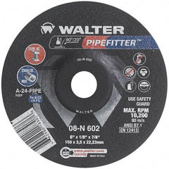 WALTER Surface Technologies - 24 Grit, 6" Wheel Diam, 1/8" Wheel Thickness, 7/8" Arbor Hole, Type 27 Depressed Center Wheel - Aluminum Oxide/Silicon Carbide Blend, Resinoid Bond, 10,200 Max RPM, Compatible with Angle Grinder - Caliber Tooling