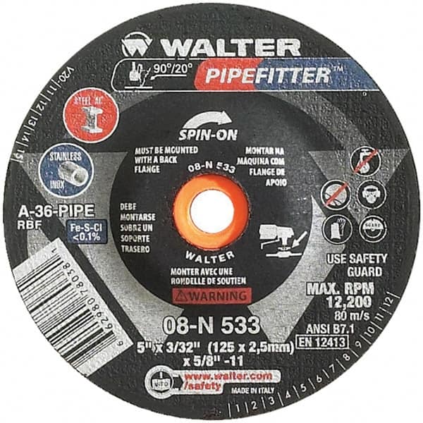 WALTER Surface Technologies - 36 Grit, 5" Wheel Diam, 3/32" Wheel Thickness, Type 27 Depressed Center Wheel - Aluminum Oxide/Silicon Carbide Blend, Resinoid Bond, 12,200 Max RPM - Caliber Tooling