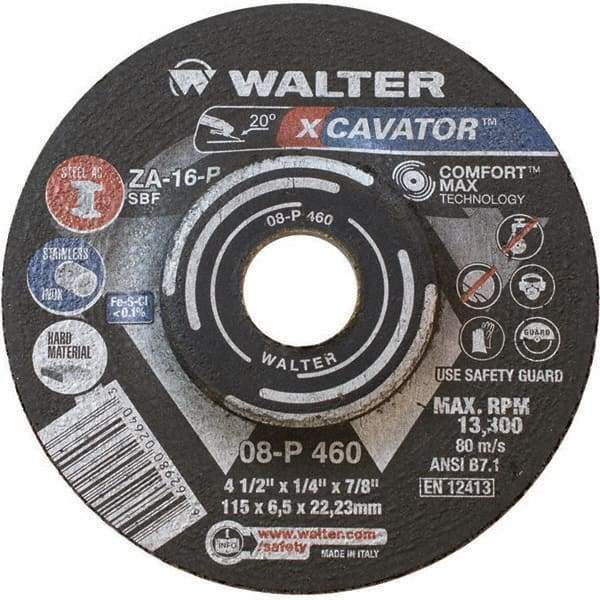 WALTER Surface Technologies - 16 Grit, 4-1/2" Wheel Diam, 1/4" Wheel Thickness, 7/8" Arbor Hole, Type 27 Depressed Center Wheel - Aluminum Oxide, Resinoid Bond, 13,300 Max RPM - Caliber Tooling