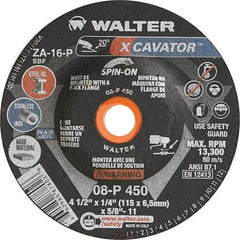 WALTER Surface Technologies - 16 Grit, 4-1/2" Wheel Diam, 1/4" Wheel Thickness, Type 27 Depressed Center Wheel - Aluminum Oxide, Resinoid Bond, 13,300 Max RPM - Caliber Tooling