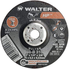 WALTER Surface Technologies - 24 Grit, 3" Wheel Diam, 1/4" Wheel Thickness, 3/8" Arbor Hole, Type 27 Depressed Center Wheel - Aluminum Oxide, Resinoid Bond, 20,000 Max RPM - Caliber Tooling