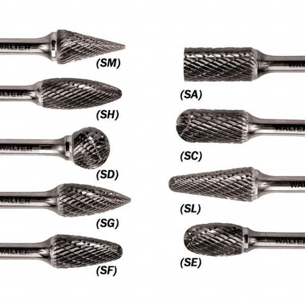 WALTER Surface Technologies - 5/16" Cut Diam, 1/4" Shank Diam, Flame Head Double Cut Burr - Carbide, 3/4" LOC - Caliber Tooling