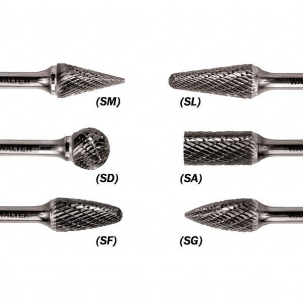 WALTER Surface Technologies - 1/8" Cut Diam, 1/8" Shank Diam, Cone Head Double Cut Burr - Carbide, 1/2" LOC - Caliber Tooling