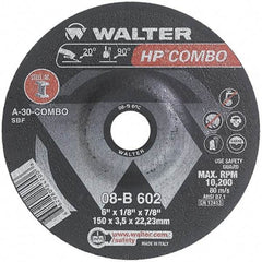 WALTER Surface Technologies - 30 Grit, 6" Wheel Diam, 1/8" Wheel Thickness, 7/8" Arbor Hole, Type 27 Depressed Center Wheel - Aluminum Oxide, Resinoid Bond, 10,200 Max RPM - Caliber Tooling