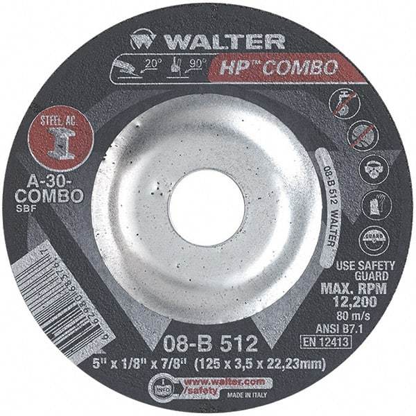 WALTER Surface Technologies - 30 Grit, 5" Wheel Diam, 1/8" Wheel Thickness, 7/8" Arbor Hole, Type 27 Depressed Center Wheel - Aluminum Oxide, Resinoid Bond, 12,200 Max RPM - Caliber Tooling