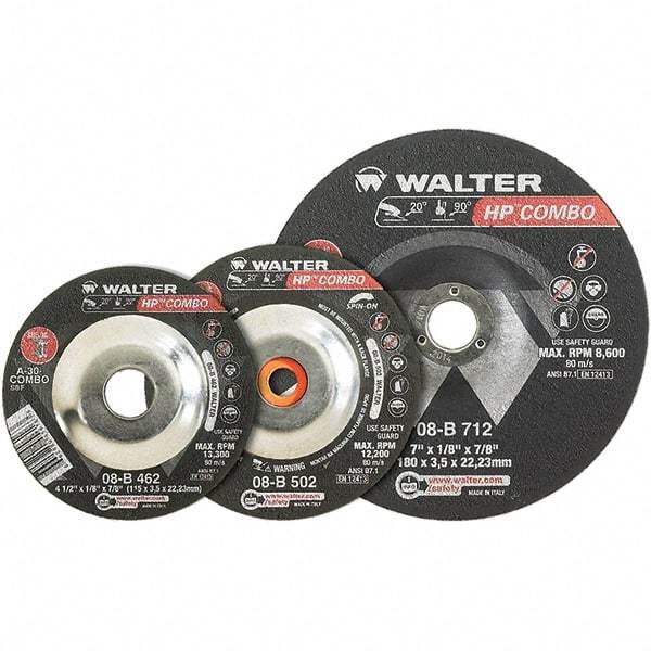 WALTER Surface Technologies - 30 Grit, 4-1/2" Wheel Diam, 1/8" Wheel Thickness, 7/8" Arbor Hole, Type 27 Depressed Center Wheel - Aluminum Oxide, Resinoid Bond, 13,300 Max RPM - Caliber Tooling