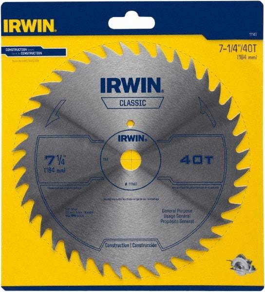 Irwin Blades - 7-1/4" Diam, 5/8" Arbor Hole Diam, 40 Tooth Wet & Dry Cut Saw Blade - High Carbon Steel, Smooth Action, Diamond Arbor - Caliber Tooling