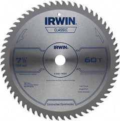 Irwin Blades - 7-1/4" Diam, 5/8" Arbor Hole Diam, 60 Tooth Wet & Dry Cut Saw Blade - Carbide-Tipped, Smooth Action, Diamond Arbor - Caliber Tooling