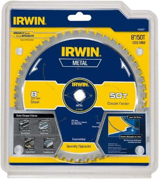 Irwin Blades - 8" Diam, 5/8" Arbor Hole Diam, 50 Tooth Wet & Dry Cut Saw Blade - Carbide-Tipped, Smooth Action, Standard Round Arbor - Caliber Tooling