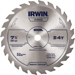 Irwin Blades - 7-1/4" Diam, 5/8" Arbor Hole Diam, 24 Tooth Wet & Dry Cut Saw Blade - Carbide-Tipped, Smooth Action, Diamond Arbor - Caliber Tooling