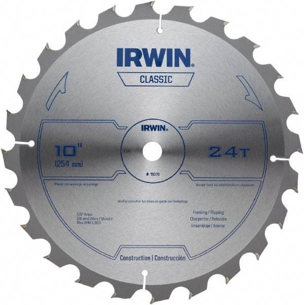 Irwin - 10" Diam, 5/8" Arbor Hole Diam, 24 Tooth Wet & Dry Cut Saw Blade - Carbide-Tipped, Smooth Action, Diamond Arbor - Caliber Tooling