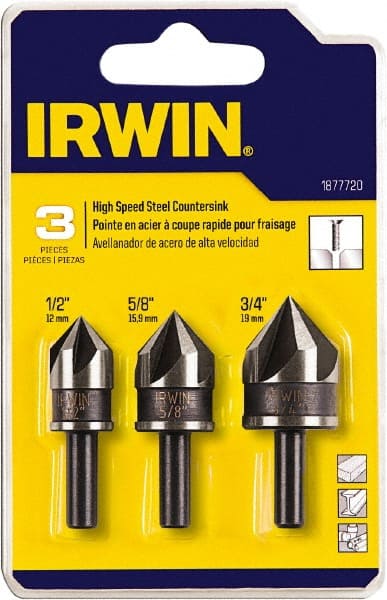 Irwin - 3 Piece, 1/2 to 3/4" Head Diam, 82° Included Angle, Single End Countersink Set - Caliber Tooling