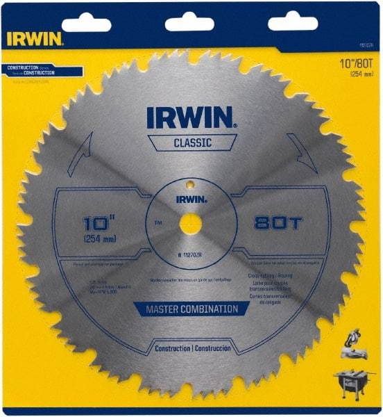 Irwin Blades - 10" Diam, 5/8" Arbor Hole Diam, 80 Tooth Wet & Dry Cut Saw Blade - High Carbon Steel, Smooth Action, Standard Round Arbor - Caliber Tooling