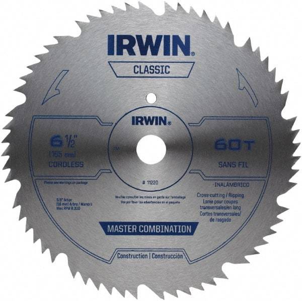 Irwin - 6-1/2" Diam, 5/8" Arbor Hole Diam, 60 Tooth Wet & Dry Cut Saw Blade - High Carbon Steel, Smooth Action, Standard Round Arbor - Caliber Tooling