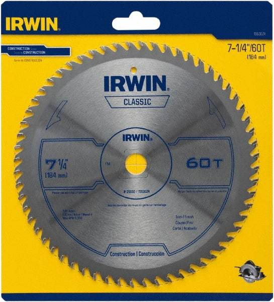 Irwin Blades - 7-1/4" Diam, 5/8" Arbor Hole Diam, 60 Tooth Wet & Dry Cut Saw Blade - Carbide-Tipped, Smooth Action, Diamond Arbor - Caliber Tooling