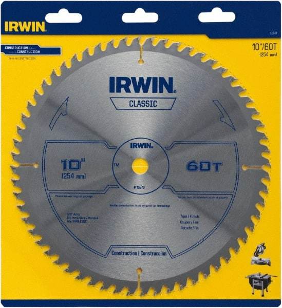 Irwin Blades - 10" Diam, 5/8" Arbor Hole Diam, 60 Tooth Wet & Dry Cut Saw Blade - Carbide-Tipped, Smooth Action, Standard Round Arbor - Caliber Tooling